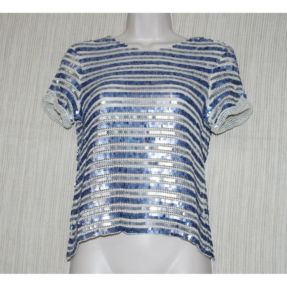 GRYPHON BEIGE/BLUE SEQUIN SHORT SLEEVE TOP M - Picture 10 of 10